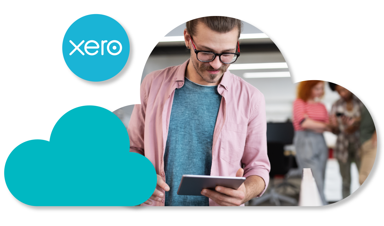 Man on tablet in cloud with Xero logo